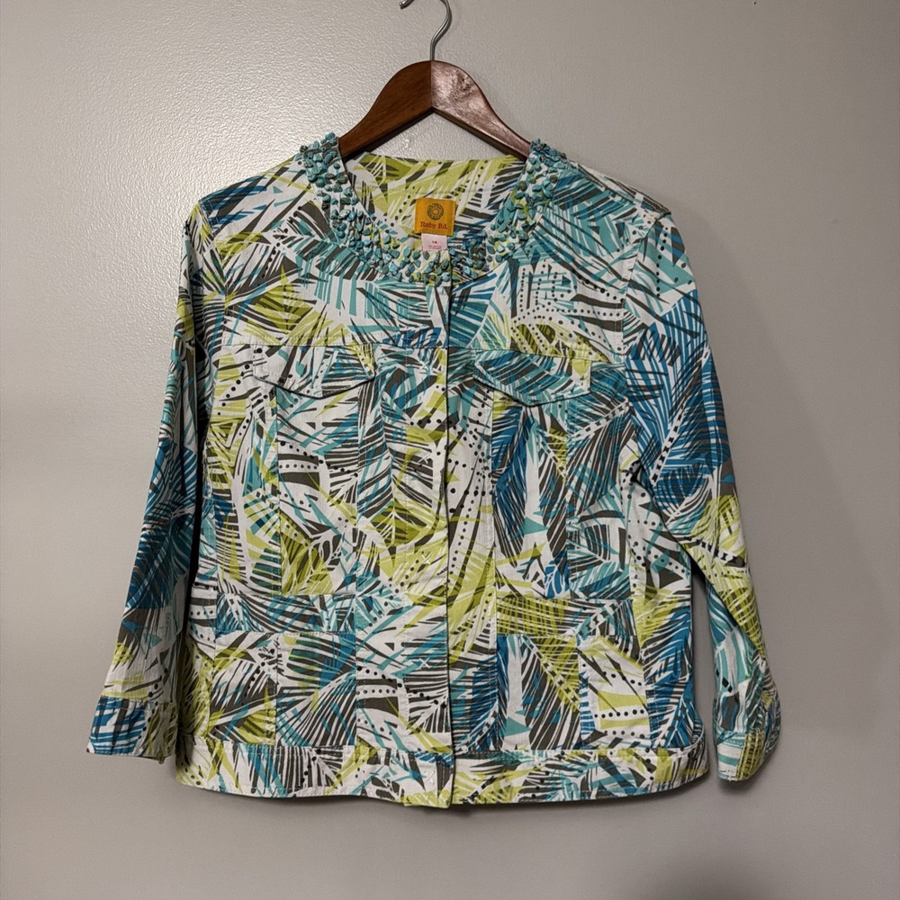 Ruby Road Tropical Print Jean Jacket Size 14 Stone Embellishment Snap Resort